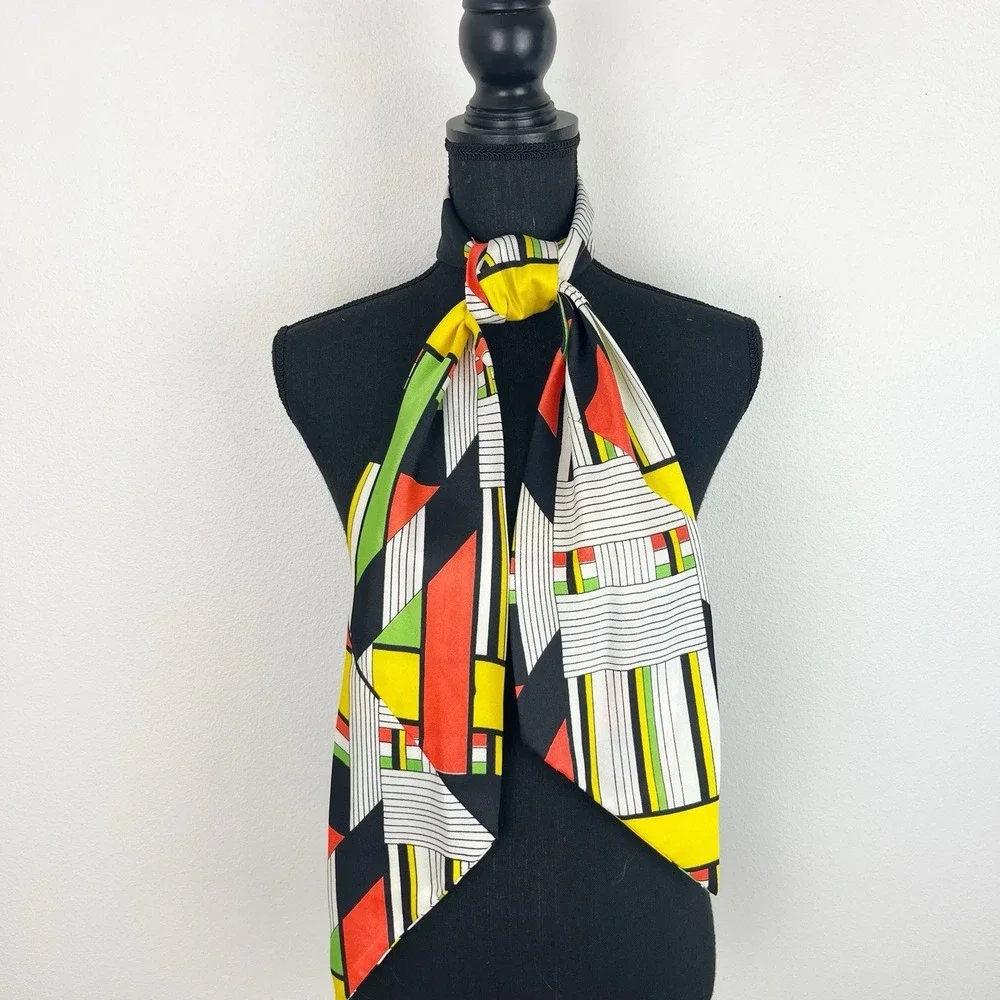 VTG 70s 80s Geometric Scarf Bold Color Block Print Head Neck Wrap Retro Mod